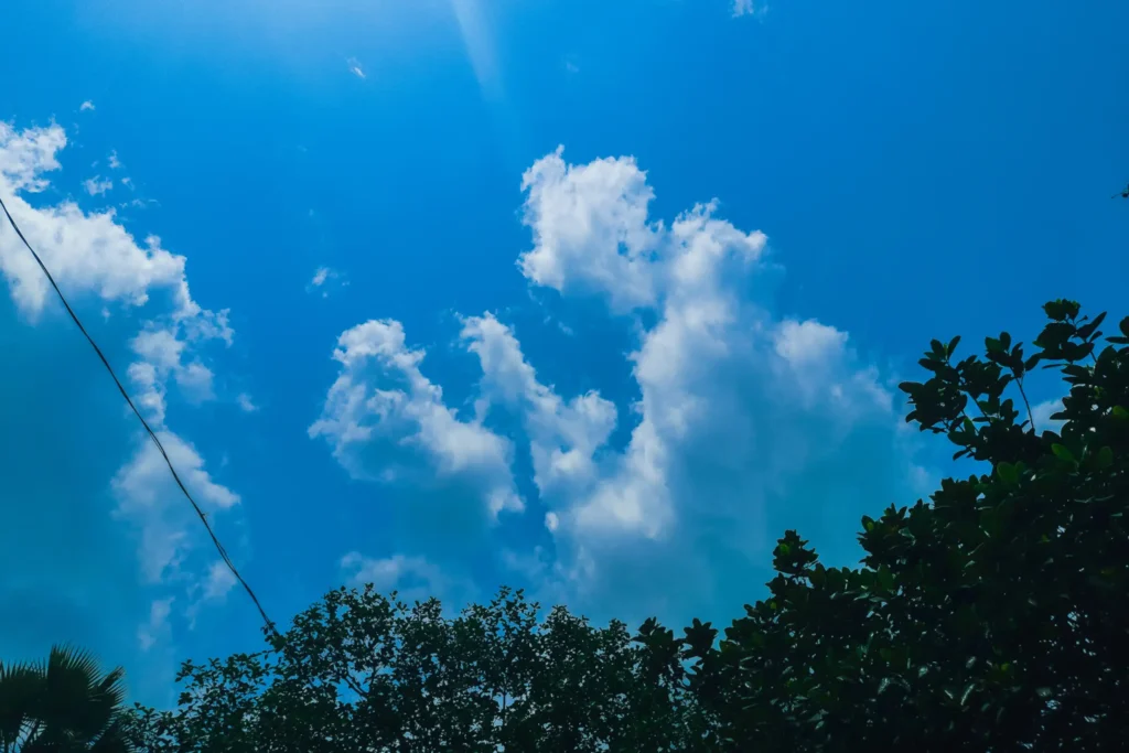 a blue sky with clouds and trees