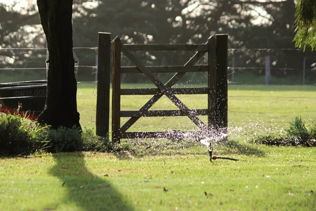 a green field with a fence and a sprinkler