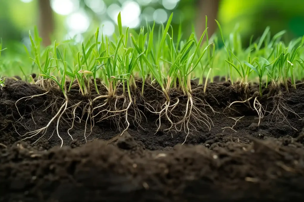 grass seed roots visible underneath soil